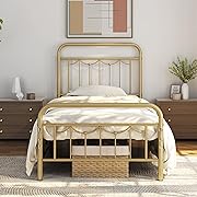 Photo 1 of Yaheetech Twin Size Metal Bed Frame with Vintage Headboard and Footboard, Farmhouse Platform Bed, Heavy Duty Steel Slat Support, Ample Under-Bed Storage, No Box Spring Needed, Antique Gold
