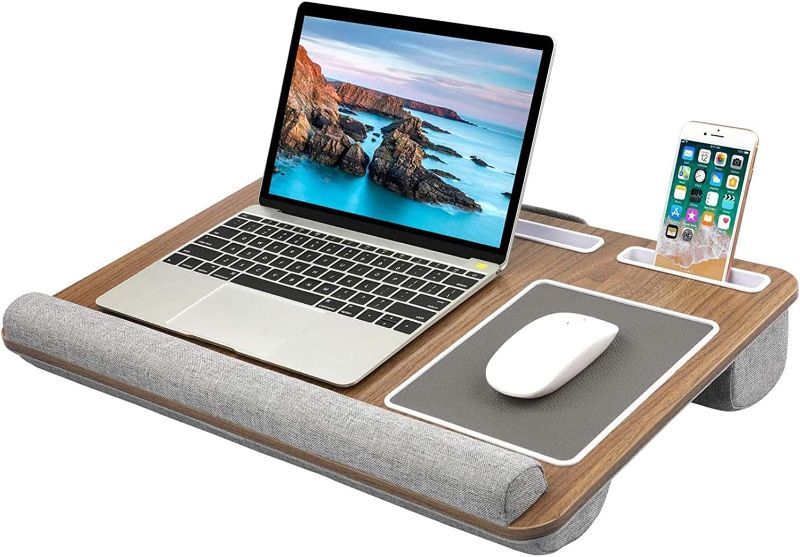 Photo 1 of HUANUO Lap Desk - Fits up to 17 inches Laptop Desk, Built in Mouse Pad & Wrist Pad for Notebook, Laptop, Tablet, Laptop Stand with Tablet, Pen & Phone Holder (Wood Grain) Light Brown Woodgrain