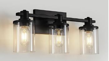 Photo 1 of 3 Light Bathroom Vanity Light, Modern Matte Black Bathroom Vanity Light Fixtures with Clear Glass Shade, Vintage Wall Sconces Lighting, Modern Bath Wall Mounted Lights for Bathroom Over Mirror