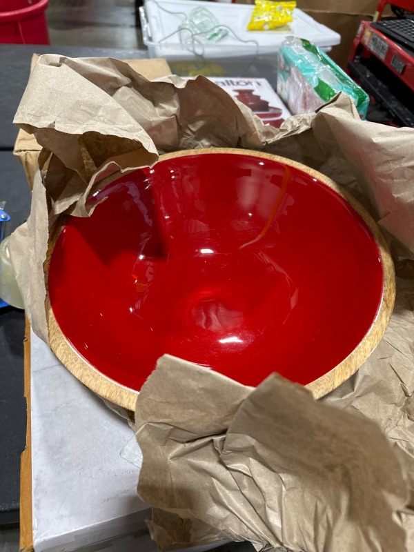 View 2 of Wooden Red Salad Bowl Set Large 12 Inch with Server Tongs Spoons - Red Kitchen Table Bench Decor for Fruit & Salad with Serving Utensils