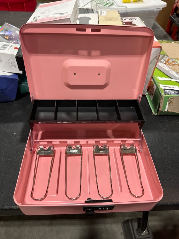 Photo 3 of KYODOLED Large Cash Box with Combination Lock,Money Box with Cash Tray, Lock Safe Box with Key,Money Saving Organizer,11.81Lx 9.45Wx 3.54H Inches,Pink XL Large Pink Combination Lock