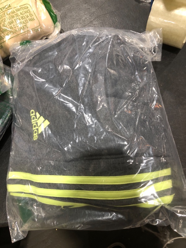 Photo 2 of adidas Men's Essentials Fleece Tapered Cuffed 3-Stripes Pants, Dark Grey Heather/Pulse Lime, XX-Large