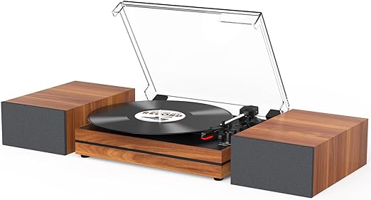 Photo 1 of Belt-Drive Turntable Vinyl Record Player with Dual Speakers, 3 Speeds, Wireless, AUX Input - Walnut Red
