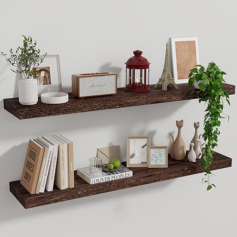 Photo 1 of Axeman 36 Inch Floating Shelves, 8 Inch Deep Wood Wall Mounted Shelves Set of 2, Rustic Dark Wood Shelves for Wall Decor & Storage, Farmhouse Shelves for Bathroom Kitchen Living Room - Dark Walnut
