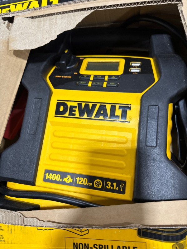 Photo 2 of DEWALT DXAEJ14 Digital Portable Power Station Jump Starter: 1400 Peak/700 Instant Amps, 120 PSI Digital Air Compressor, 3.1A USB Ports, Battery Clamps , Yellow