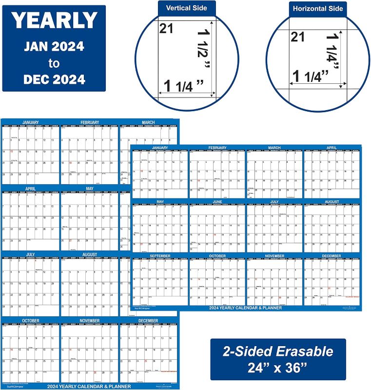 Photo 1 of 24" x 36" SwiftGlimpse 2024 Wall Calendar Erasable Large Wet & Dry Erase Laminated 12 Month Annual Yearly Wall Planner, Reversible, Horizontal/Vertical,