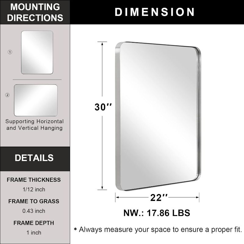 Photo 1 of Brushed Nickel Mirror for Bathroom, 22"x30" Silver Metal Frame Wall Mirror, Rectangular Stainless Steel Rounded Corner Mirror with 1’’ Deep Set Design Hangs Horizontal Or Vertical