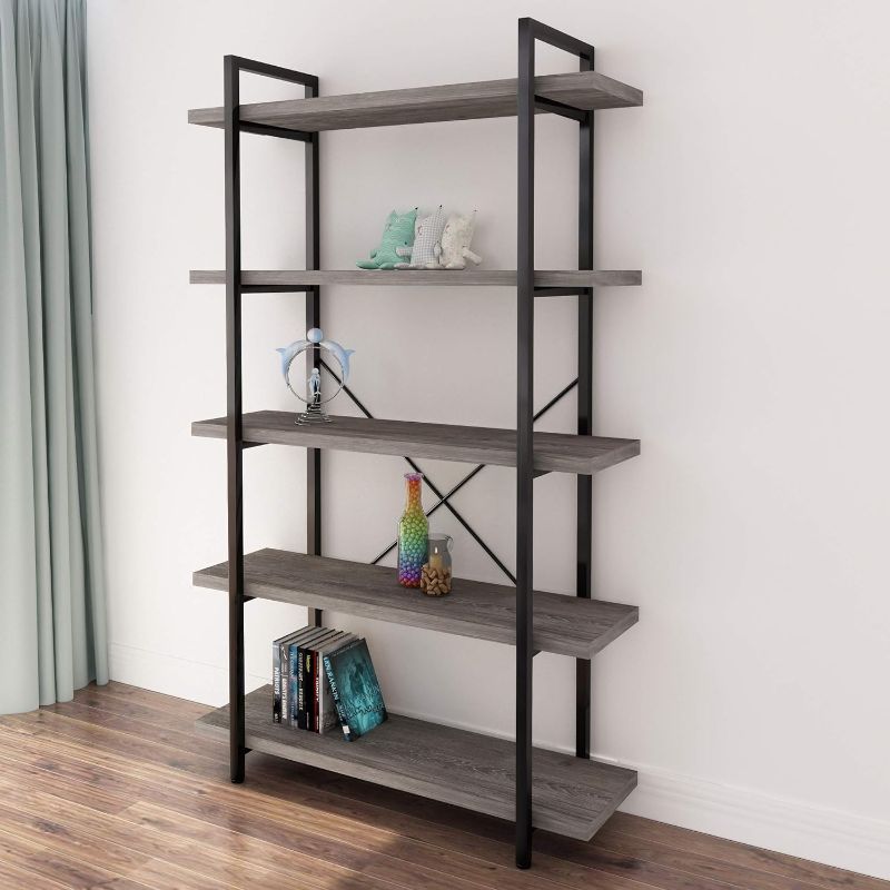 Photo 1 of 45MinST 5-Tier Vintage Industrial Style Bookcase/Metal and Wood Bookshelf Furniture for Collection, Gray Oak, 3/4/5 Tier (5-Tier)