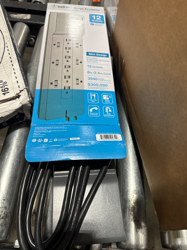 Photo 1 of Belkin Power Strip Surge Protector - 12 AC Multiple Outlets & 8 ft Long Flat Plug Heavy Duty Extension Cord for Home, Office, Travel, Computer Desktop, Laptop & Phone Charging Brick (3,940 Joules) 1 Pack