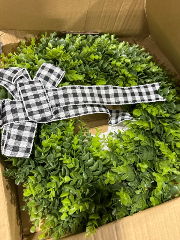 Photo 2 of 20" Faux Round Boxwood Wreath, Vlorart Artificial Boxwood Wreath Front Door Wreaths Artificial Spring Summer Greenery Hanging with A Plaid Bow for Front Door Wall Hanging Window Wedding Party Decor 20inch