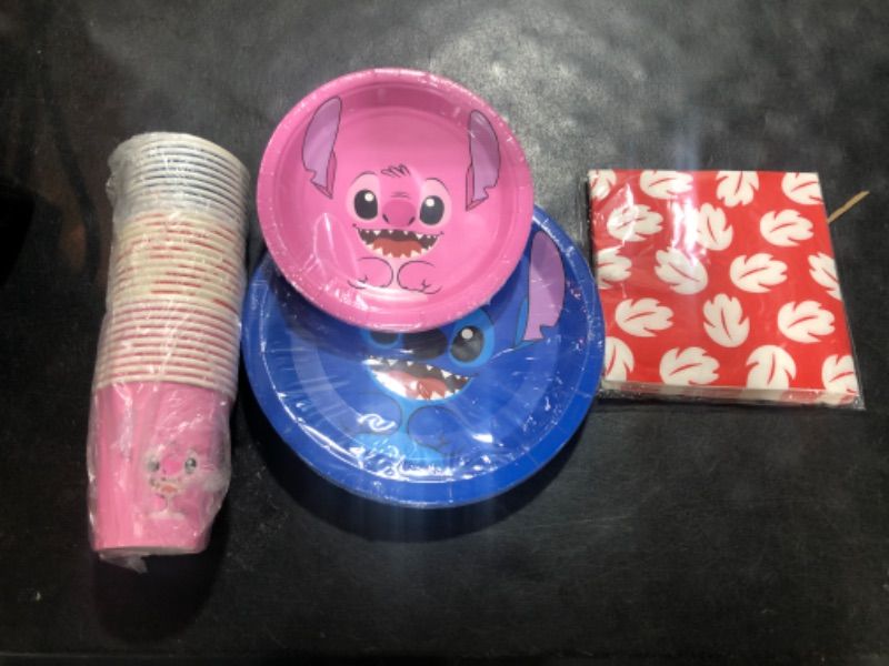 Photo 1 of Stitch Birthday Party Supplies,90pcs Stitch Party Decorations Include Paper Plates Napkins Cups for Boys Girls Stitch Birthday Decor, Serve 20 Guest.