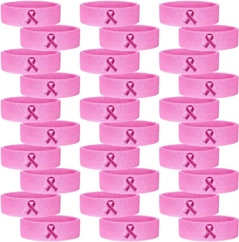 Photo 1 of 36 Pcs Breast Cancer Awareness Sweatband Pink Ribbon Headband Breast Cancer Sweat Band Sport Workout Headband Sweatband Survivor Gift for Women Girls Running Gym Exercise 