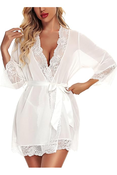 Photo 1 of  SOLY HUX Women's Sexy Floral Lace Lingerie Robes Sheer Belted Kimono Robes Sleepwear SIZE S