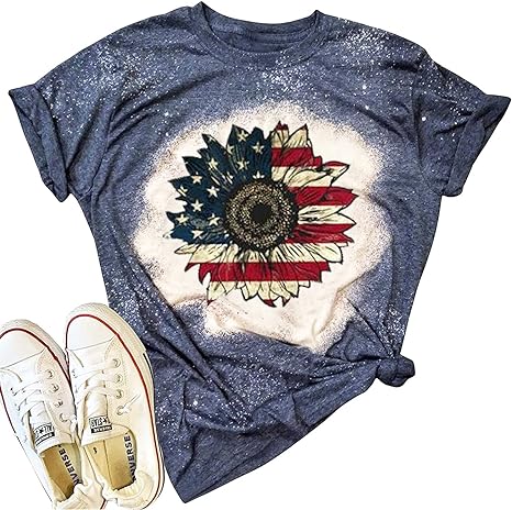 Photo 1 of American Flag Sunflower Shirt Women USA T-Shirts Vintage Bleached Patriotic Shirt 4th of July Cute Tee Tops,Blue XL