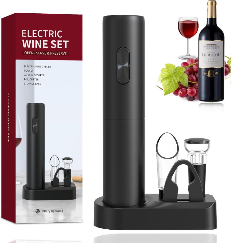 Photo 1 of 4-in-1 Automatic Electric Wine Bottle Opener Set, Premium Corkscrew with Foil Cutter, Vacuum Wine Stopper for Easy Carry Reusable Convenience Opener Gift Set for Christmas Home Party Kitchen Bar
