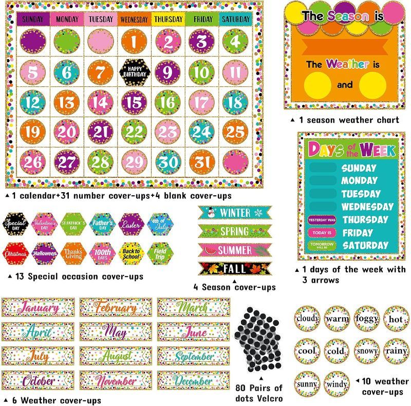 Photo 1 of Calendar Bulletin Board Set, Calendar Seasons Weather Chart Bulletin Board and Classroom Display with Stickers for School Classroom Bedroom Wall Decoration (Confetti Style)
