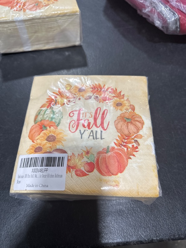 Photo 2 of Homlouue 100 Pcs Fall Napkins, 3 Ply Autumn Wreath It's Fall Y'all Paper Napkins, Thanksgiving Paper Napkins, Pumpkins Leaves Disposable Napkin for Thanksgiving Decorations Fall Harvest Dinner Decor Fall Thanksgiving