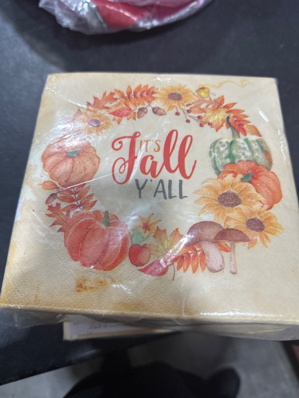 Photo 2 of Homlouue 100 Pcs Fall Napkins, 3 Ply Autumn Wreath It's Fall Y'all Paper Napkins, Thanksgiving Paper Napkins, Pumpkins Leaves Disposable Napkin for Thanksgiving Decorations Fall Harvest Dinner Decor Fall Thanksgiving
