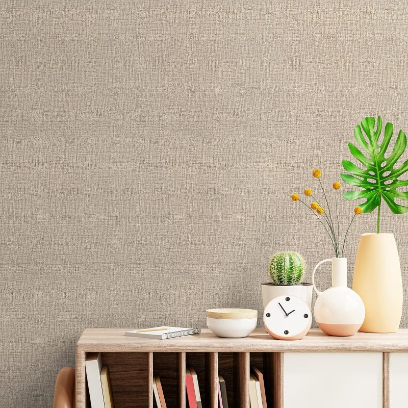 Photo 1 of 17.7x236 Inches Khaki Grasscloth Peel and Stick Wallpaper Textured Linen Wallpaper Removable Self Adhesive Faux Vinyl Grass Cloth Contact Paper for Bedroom Cabinets Table Shelf Liner Wall Covering