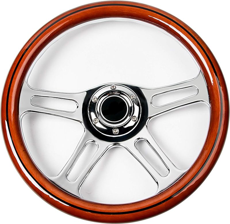 Photo 1 of 350mm 14" Inch Classic Nostalgia Style Wood Grain Steering Wheel Slotted 4 Spoke Chrome Steering Wheel Mohagany Wood Grip