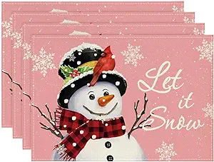 Photo 1 of 2 Pack Artoid Mode Pink Snowman Let It Snow Winter Placemats Set of 4, 12x18 Inch Seasonal Holiday Christmas Table Mats for Party Kitchen Dining Decoration
