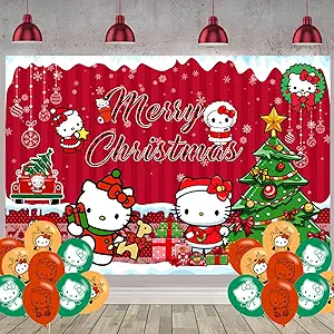 Photo 1 of 19 Pcs Christmas Hello Kitty Party Supplies,1 "Merry Christmas" Banner Garland Backdrop,18 Christmas Kitty Ballons 5 x 3FT "Merry Christmas"Banner Decor Photo Background for Christmas Party Supplies
