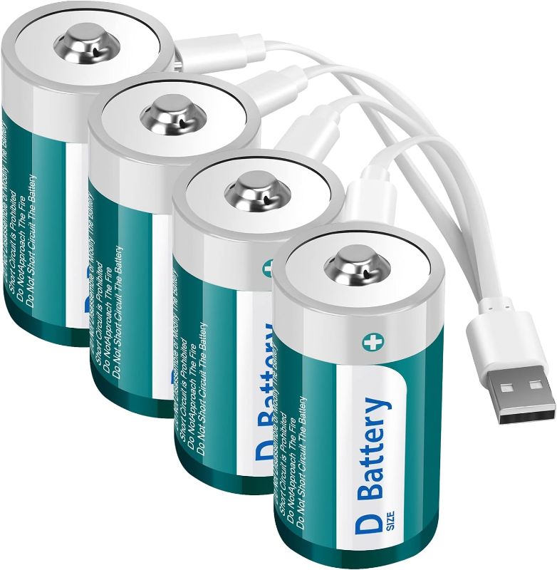 Photo 1 of Fitinoch Rechargeable Lithium D Cell Batteries with USB 4 in 1 Charging Cable,1.5V LR20 D Size Battery Replacement for Flashlight,Toys (4 Pack)
