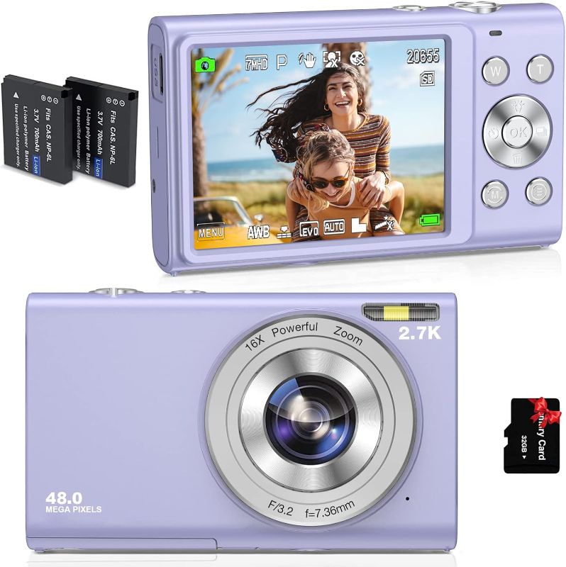 Photo 1 of Digital Camera Auto Focus 2.7K Vlogging Camera HD 48MP 16X Digital Zoom Camera with 32G Memory Card 2 Batteries YouTube Portable Mini Compact Camera for Kids Teens Adult Beginner