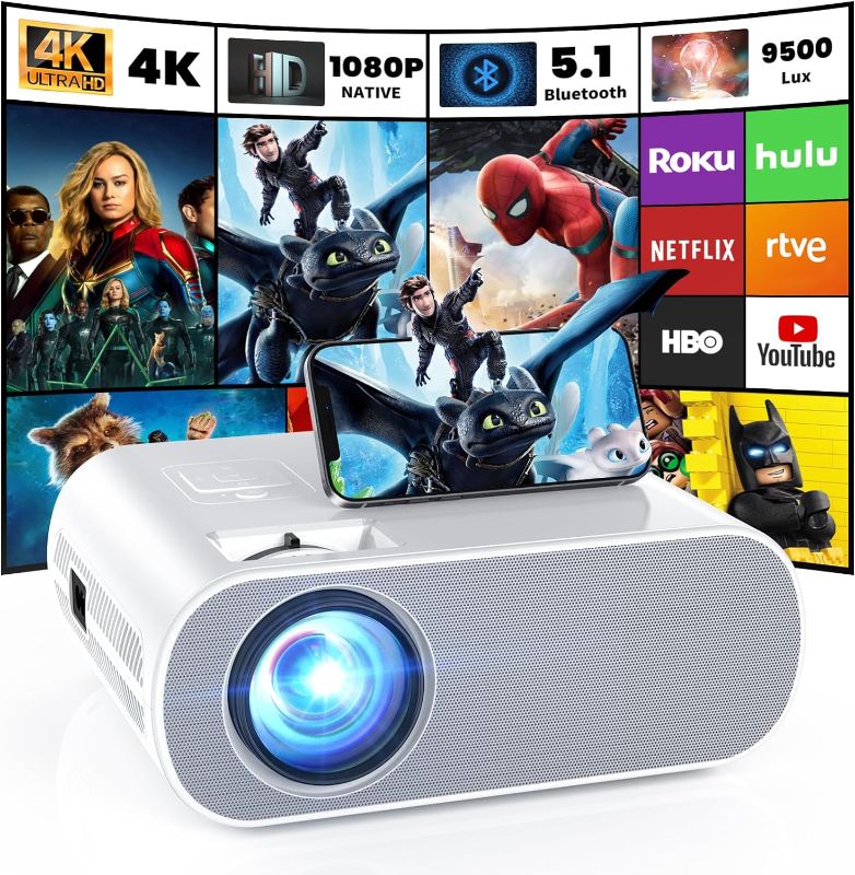 Photo 1 of HOMPOW Projector, Native 1080P Full HD Bluetooth Projector with Speaker, Outdoor Portable Movie Mini Projector Compatible with Laptop, Smartphone, TV Stick, Xbox, PS5
