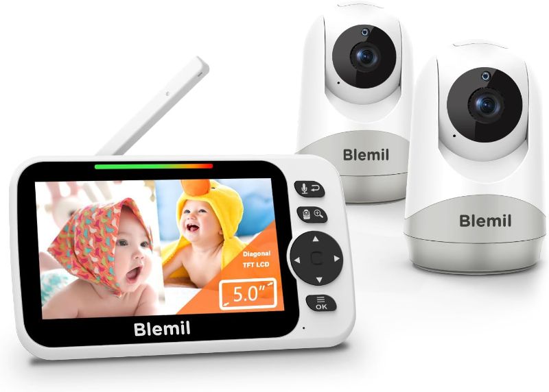 Photo 1 of Blemil Baby Monitor,5" Large Split-Screen Video Baby Monitor with 2 Cameras and Audio, Remote Pan/Tilt/Zoom, Two-Way Talk, Room Temperature Monitor, Auto Night Vision, Power Saving/Vox
