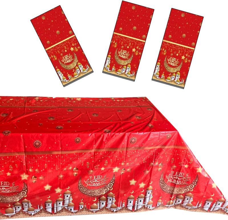 Photo 1 of Atvscay 3 Pcs Eid Mubarak Tablecloths Red and Gold Ramadan Mubarak Plastic Disposable Table Covers Eid Al-fitr Table Cloths for Muslim Ramadan Kareem (3pcs,...
