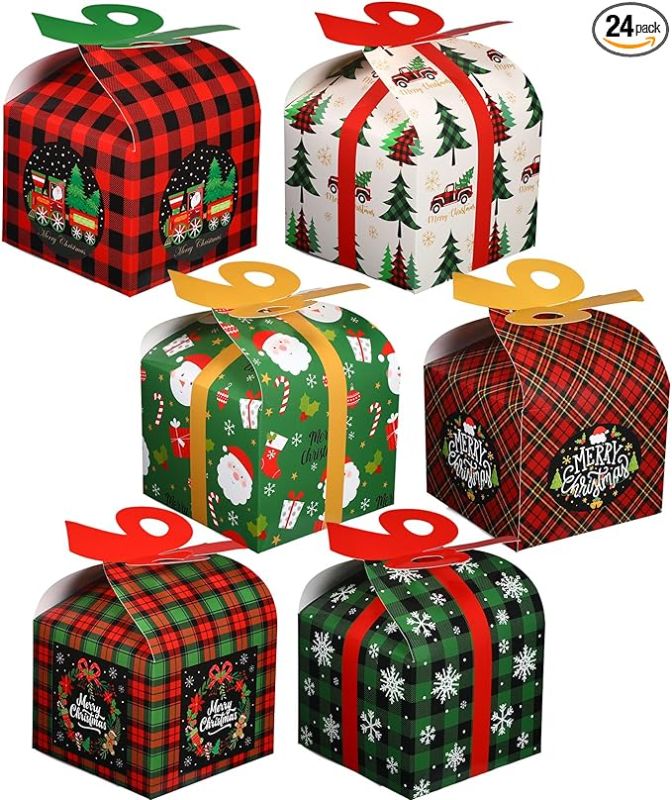 Photo 1 of Funrous 24 Pcs Christmas Goody Gift Boxes with Bow Bulk Xmas Buffalo Goodies Candy Boxes Folding Cookie Box for Winter Holiday Merry Xmas Birthday Party Favor Snack Treat Wrapping Supplies, 6 Styles