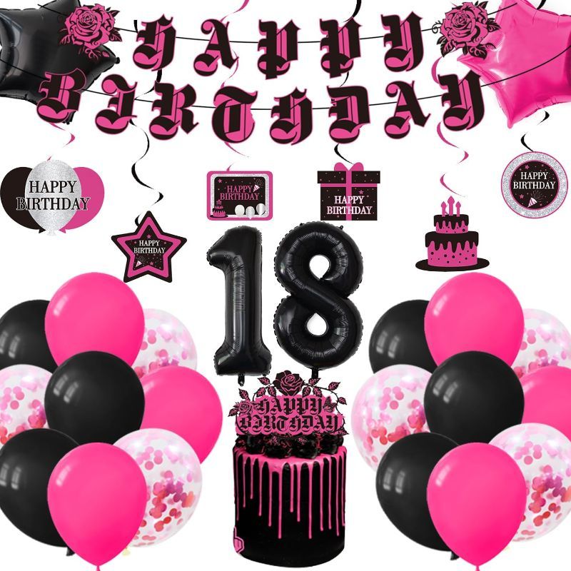 Photo 1 of 18th Birthday Decorations for Girls -18 Birthday Decoration, 18th Happy Birthday Banner Hanging Swirls Kits Balloons Decoration for Girls 18th Birthday...
