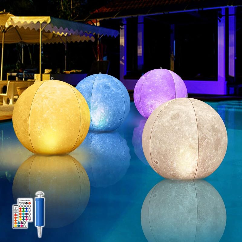 Photo 1 of Floating Pool Lights – 4Pcs 16'' Full Moon Solar Pool Lights for Inground Pools with Remote, Inflatable IP68 Wateproof Color Changing LED Pool Ball Lamp for Pool Beach Garden Backyard Lawn Deco 