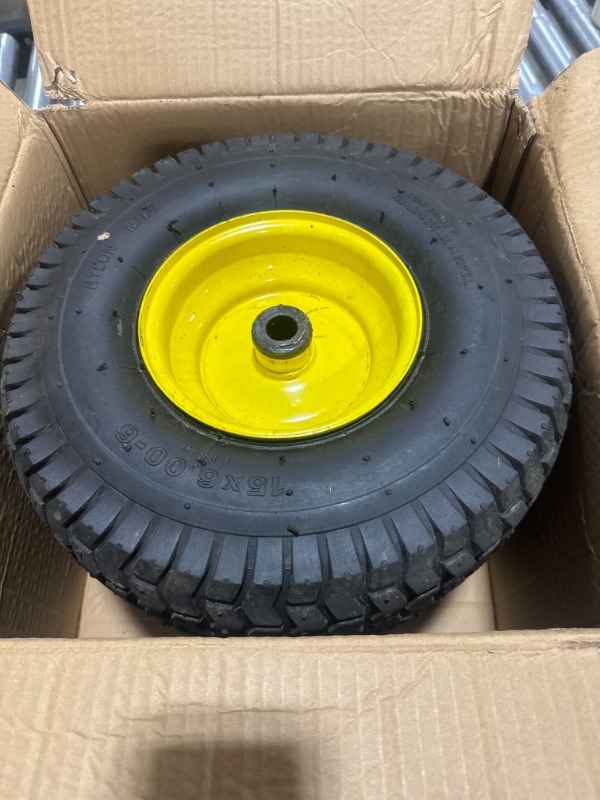 Photo 2 of (2 Pack) AR-PRO Exact Replacement 15" x 6.00 - 6" Front Tire and Wheel Assemblies for John Deere Riding Mowers - Compatible with John Deere 100 and D100 Series - 3” Hub Offset and 3/4” Bushings 15" x 6.00-6" Yellow