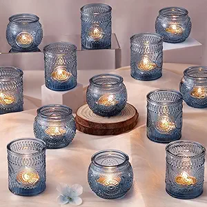 Photo 1 of 24Pcs Blue Votive Candle Holders - Vintage Candle Holders Bulk, Glass Candle Holder for Party Decoration, Tea Lights Candle Holders for Wedding Shower & Gift
