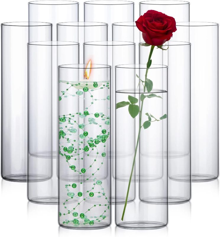 Photo 1 of 12 Pack Glass Cylinder Vases Clear Flower Vase Tall Floating Candle Holders Centerpiece Vases for Table Home Wedding Decorations Formal Dinners (12 Inch)
