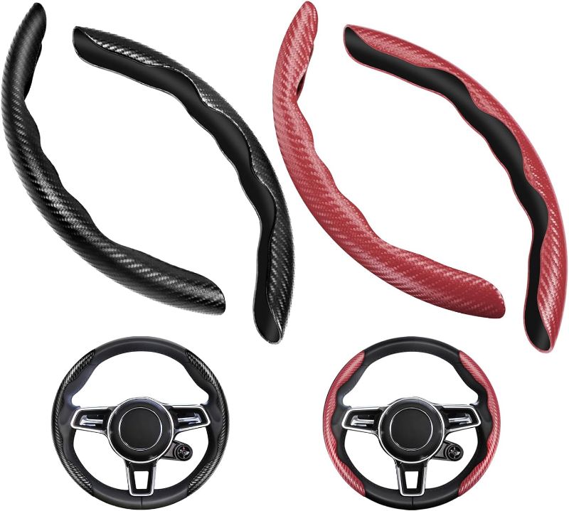 Photo 1 of 2 Sets Car Steering Wheel Cover Carbon Fiber Look Non-Slip Wheel Protector Universal Black and Red 