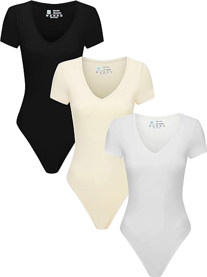 Photo 1 of 3 Piece Short Sleeve Bodysuit for Women V Neck Stretchy Basic Body Suit Tops--large