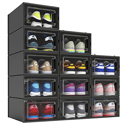 Photo 1 of 12 Pack Shoe Organizer Boxes, Black Plastic Stackable Shoe Storage Bins for Closet, Space Saving Shoe Holder Sneaker Display Case
