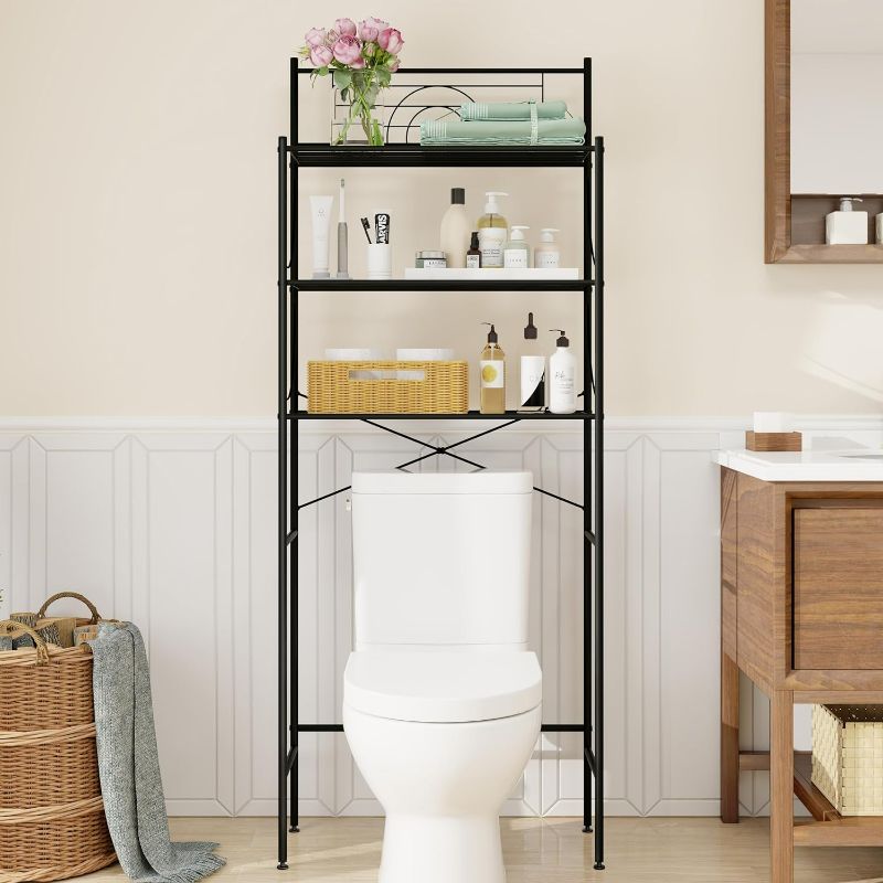 Photo 1 of (READ FULL POST) MallBoo Toilet Storage Rack with X-Shaped Bar, 3 -Tier Over-The-Toilet Bathroom Spacesaver - Easy to Assemble,9.45" D x 25.59" W x 65.35" H(Black)
