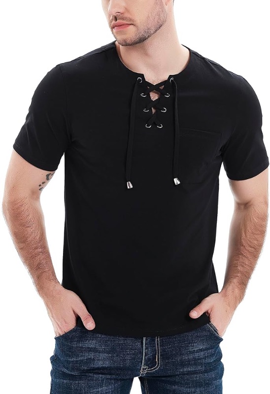 Photo 1 of Mens Henley Shirts Casual Short Sleeve Lace Up Tees Cotton Drawstring Plain Tops