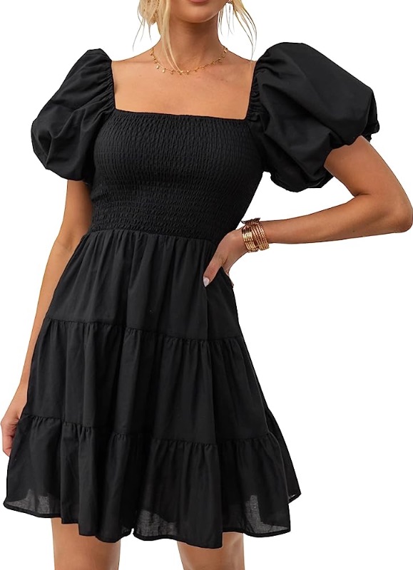 Photo 1 of *SIMILAR TO STOCK* ZESICA Women's 2024 Boho Summer Square Neck Puff Sleeve Off Shoulder Smocked Tiered Casual A Line Short Mini Dress XS 