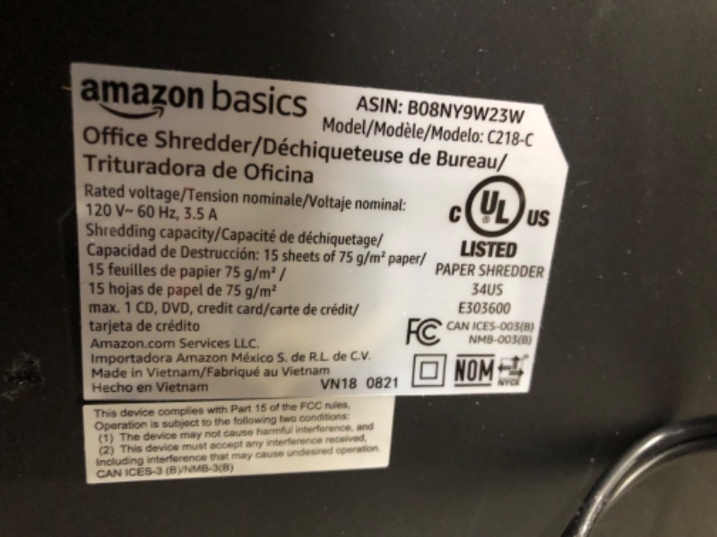 Photo 4 of ***NONREFUNDABLE - NOT FUNCTIONAL - FOR PARTS ONLY - SEE COMMENTS***
Amazon Basics 15 Sheet - New model Cross Cut Paper and Credit Card CD Shredder With 6 Gallon Bin, Black