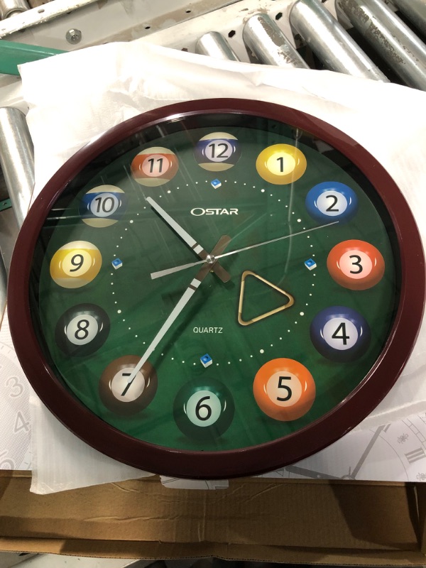 Photo 1 of OSTAR Big Large Pool Ball Wall Clock, Battery Operated, Cue Hand, Non Ticking Quality Quartz, 14" Snooker Game