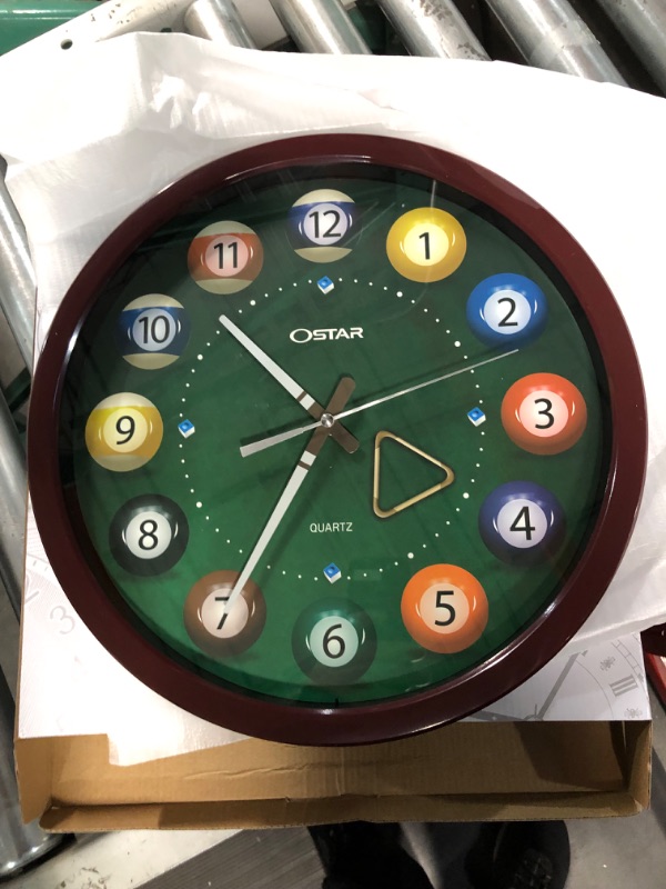 Photo 1 of OSTAR Big Large Pool Ball Wall Clock, Battery Operated, Cue Hand, Non Ticking Quality Quartz, 14" Snooker Game