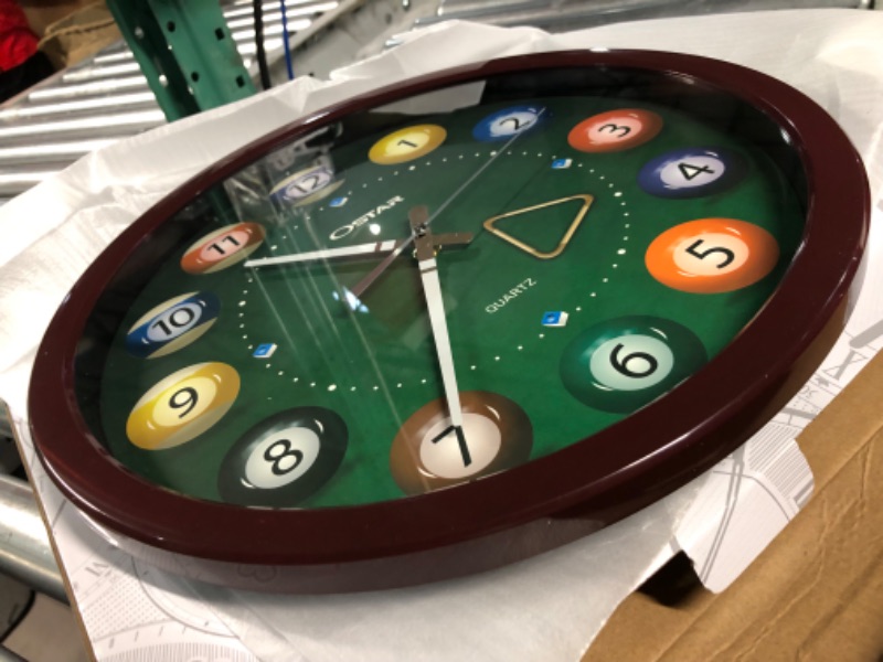 Photo 1 of OSTAR Big Large Pool Ball Wall Clock, Battery Operated, Cue Hand, Non Ticking Quality Quartz, 14" Snooker Game