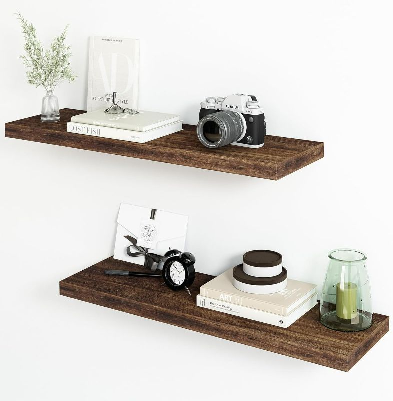Photo 1 of  Floating Shelves, 24 x 8in Large Bathroom Decor Wall Shelves, Bathroom Shelves Set of 2, with Invisible Brackets for Living Room,Bedroom and Kitchen(Rustic Brown)