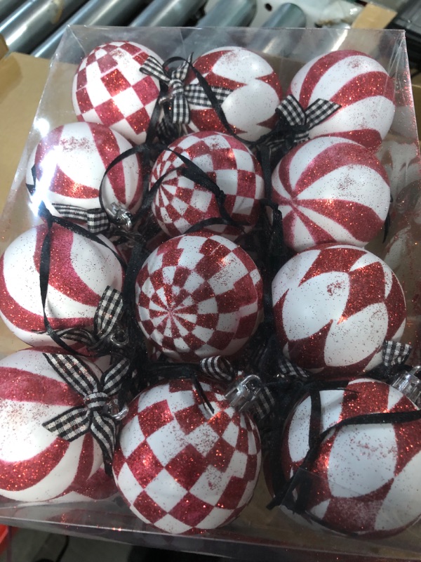 Photo 3 of ***USED***
Soaoo 24 Pcs Checkered Ball Ornament Glittered Christmas Checker Ball Christmas Tree Decorations with Bow and String (Red and White)