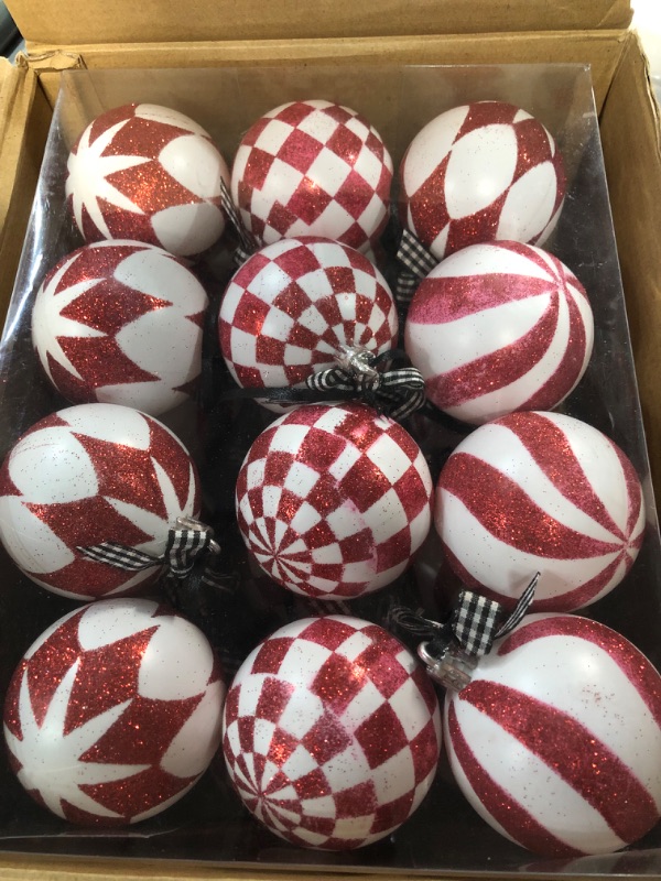 Photo 2 of ***USED***
Soaoo 24 Pcs Checkered Ball Ornament Glittered Christmas Checker Ball Christmas Tree Decorations with Bow and String (Red and White)